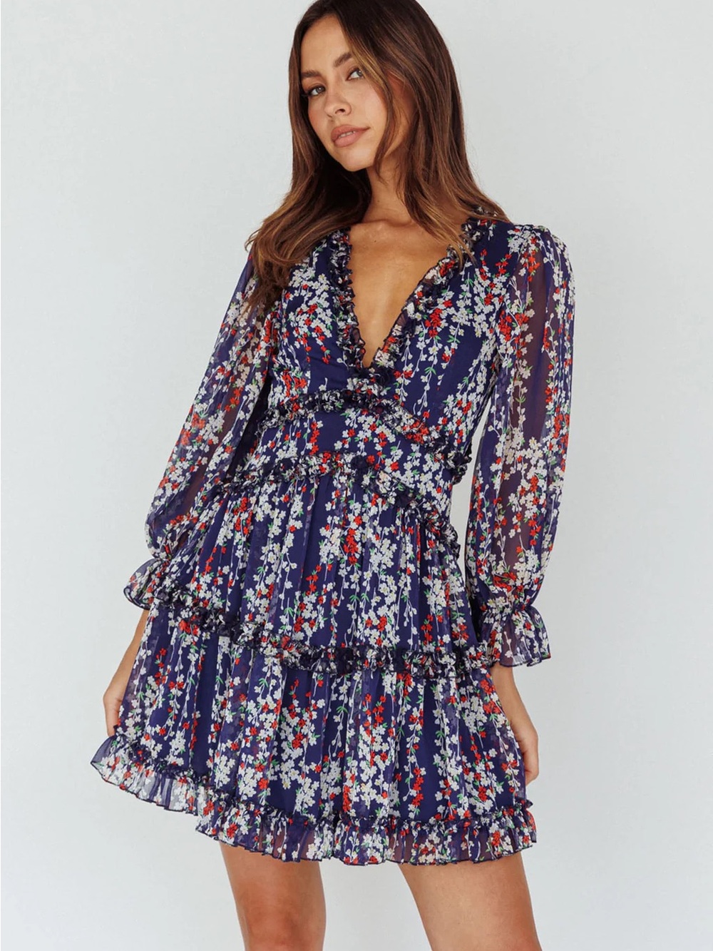 004. Floral Navy Ruffle V-Neck Women's Dress